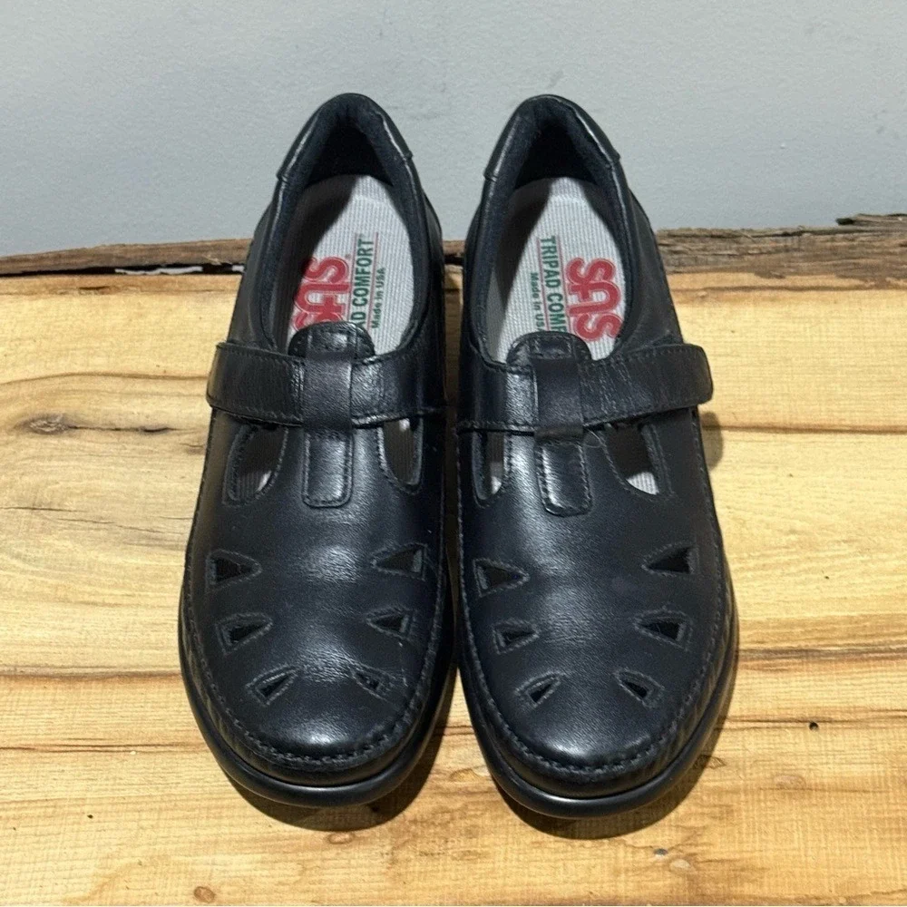 SAS Roamer womens‎ black leather strap loafers size 6N A26